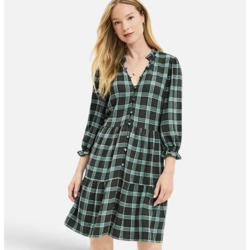 NWT LOFT Green Plaid Tiered Mini Dress Ruffle Neck Womenβs Size Small NEW $94.95
